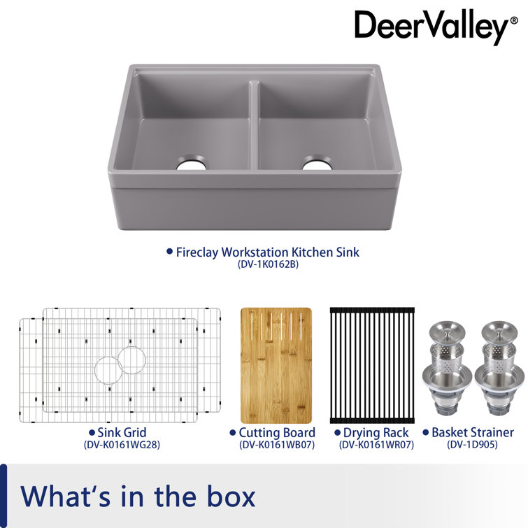 33" Matte Gray Fireclay Double Bowl Farmhouse Sink with Accessories