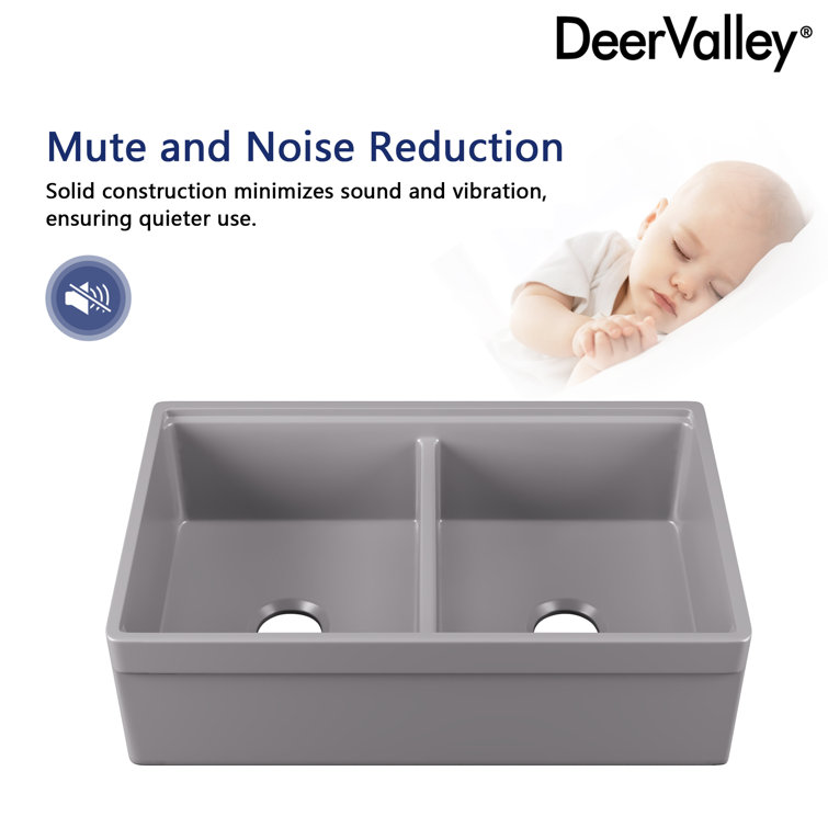 33" Matte Gray Fireclay Double Bowl Farmhouse Sink with Accessories