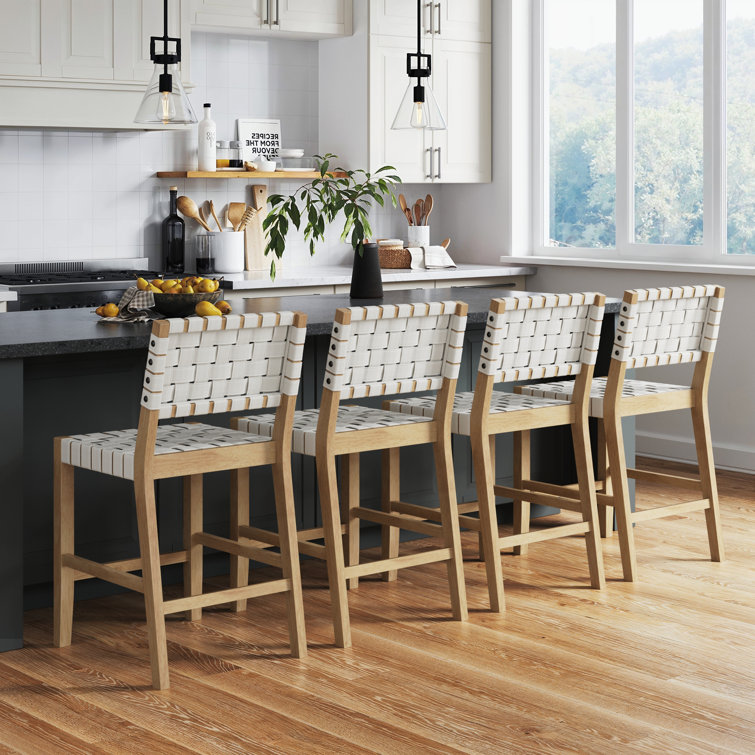 Set of 4 White Woven Faux Leather Bar Stools with Solid Wood Legs