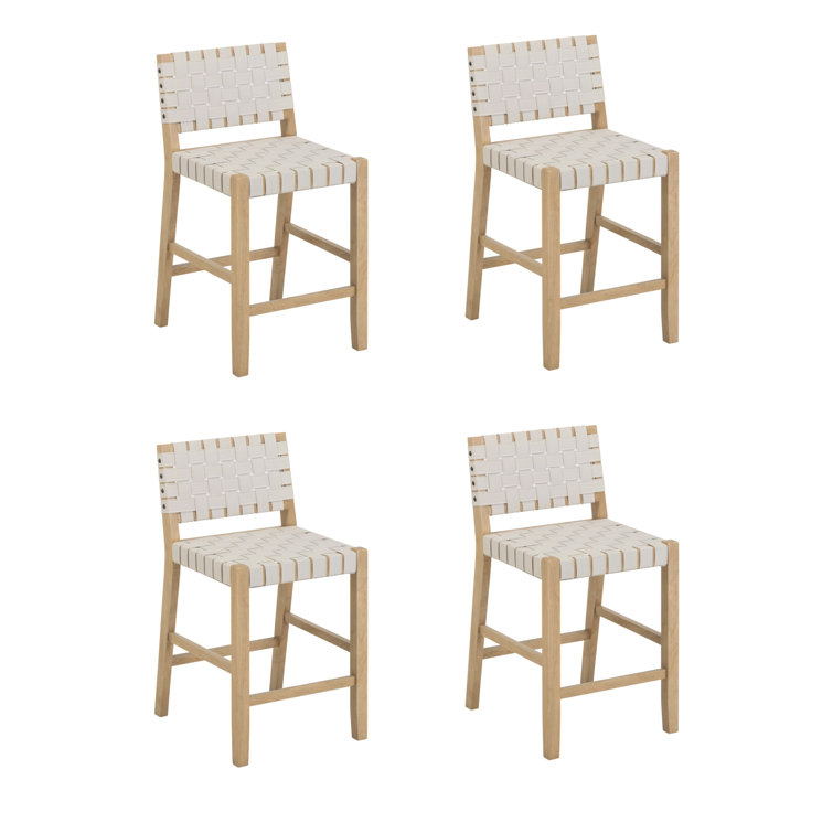 Set of 4 White Woven Faux Leather Bar Stools with Solid Wood Legs