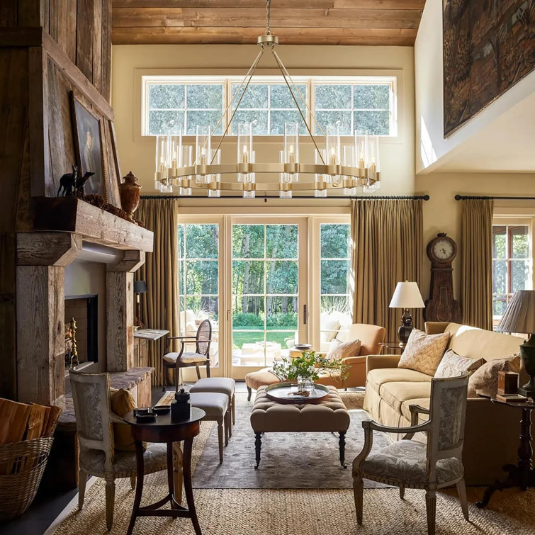 Gold 48'' Glass Shade Wagon Wheel Chandelier