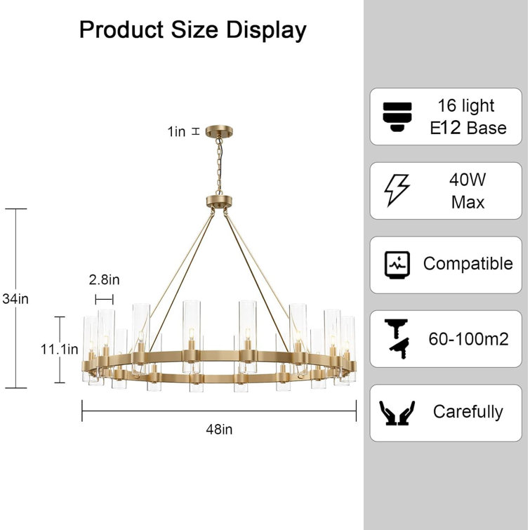 Gold 48'' Glass Shade Wagon Wheel Chandelier