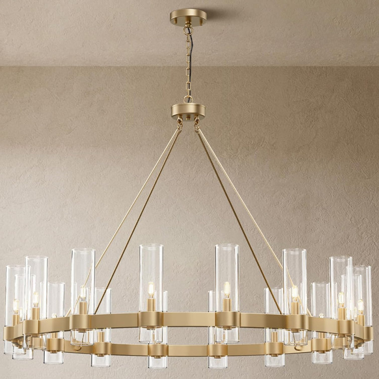 Gold 48'' Glass Shade Wagon Wheel Chandelier