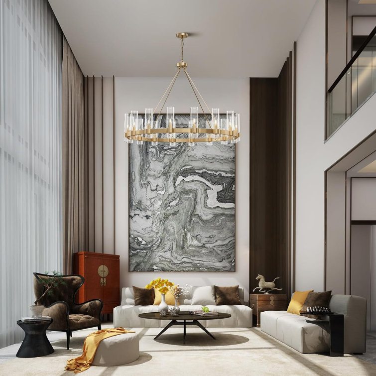 Gold 48'' Glass Shade Wagon Wheel Chandelier