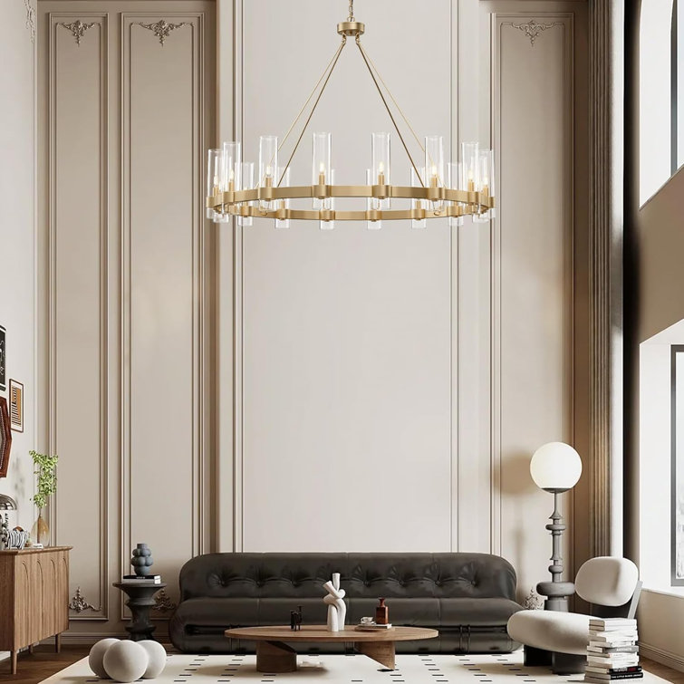 Gold 48'' Glass Shade Wagon Wheel Chandelier