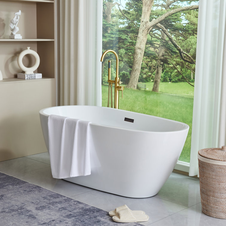 White Acrylic Freestanding Soaking Bathtub with Overflow Drain