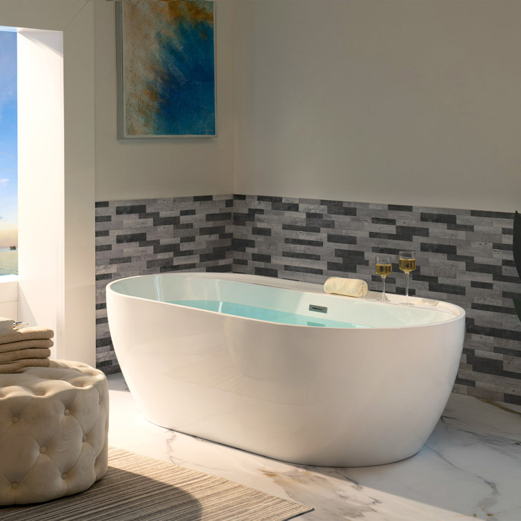 67" White Acrylic Freestanding Soaking Bathtub with Brushed Nickel Trim