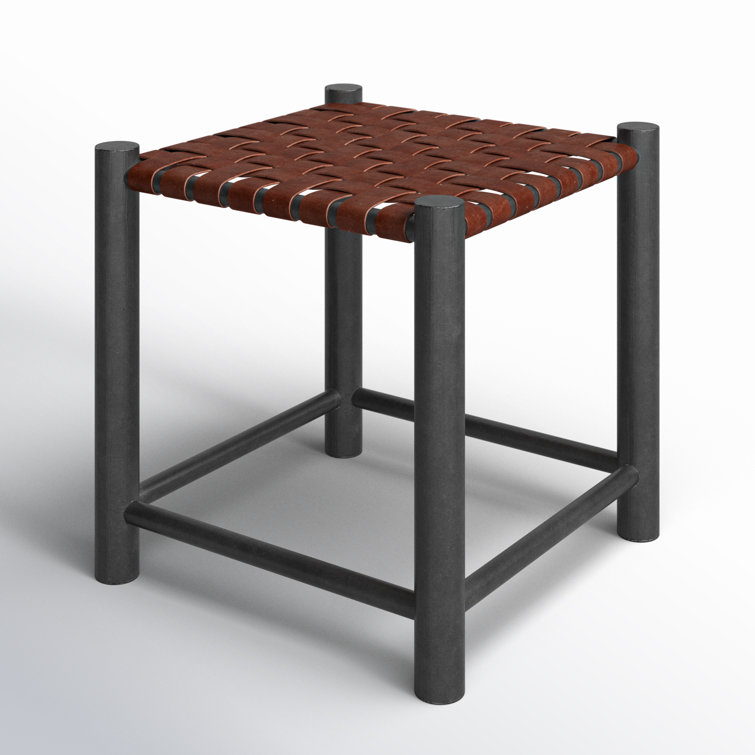 Burgundy Genuine Leather and Solid Wood Accent Stool