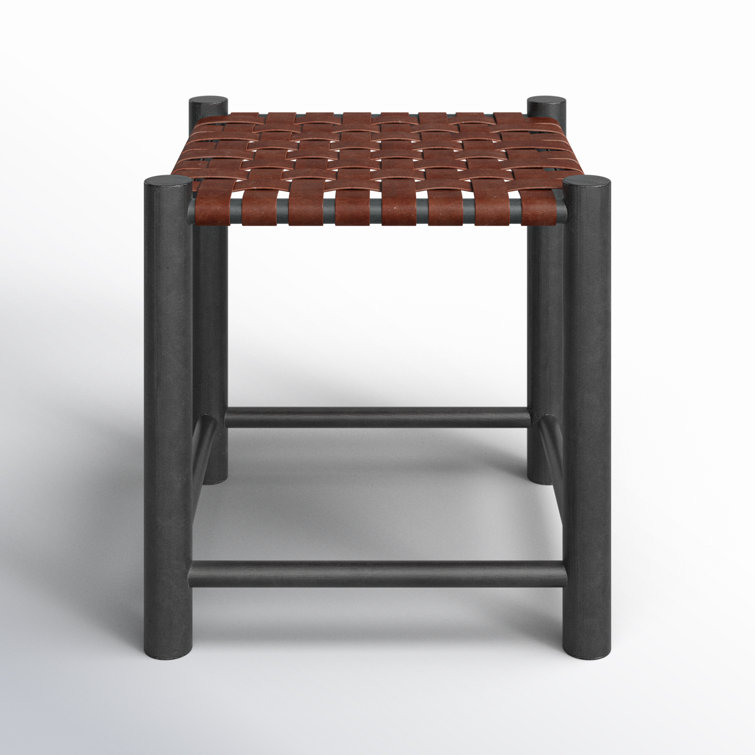 Burgundy Genuine Leather and Solid Wood Accent Stool