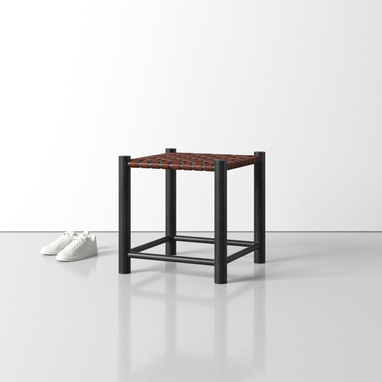 Burgundy Genuine Leather and Solid Wood Accent Stool