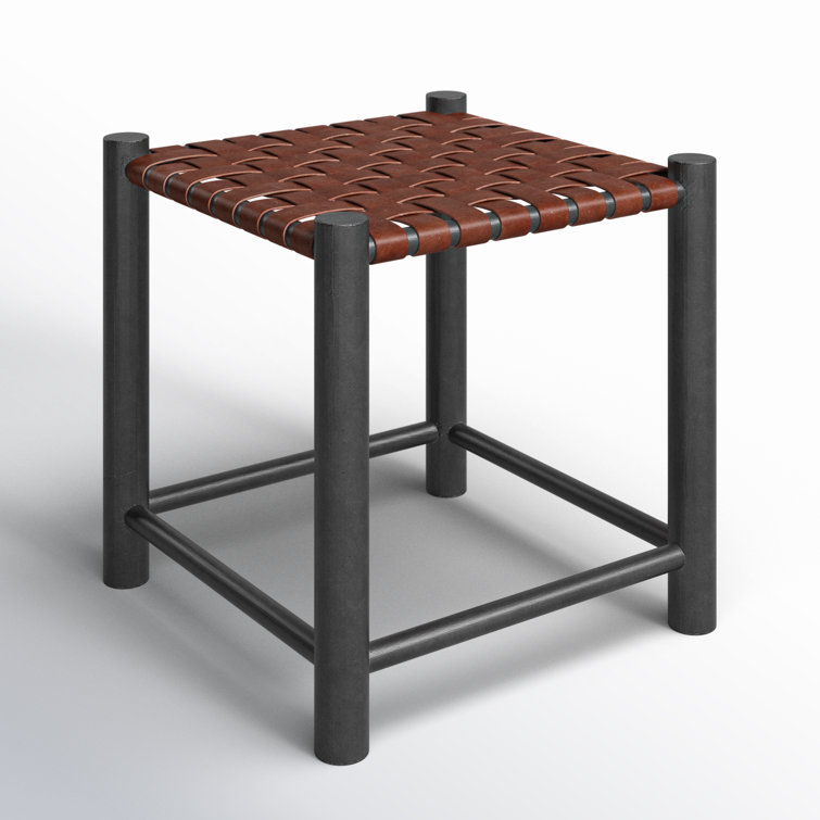 Burgundy Genuine Leather and Solid Wood Accent Stool