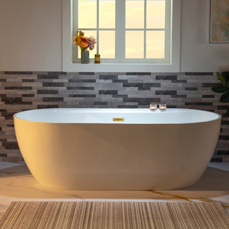 67" White Acrylic Freestanding Soaking Bathtub with Brushed Gold Trim