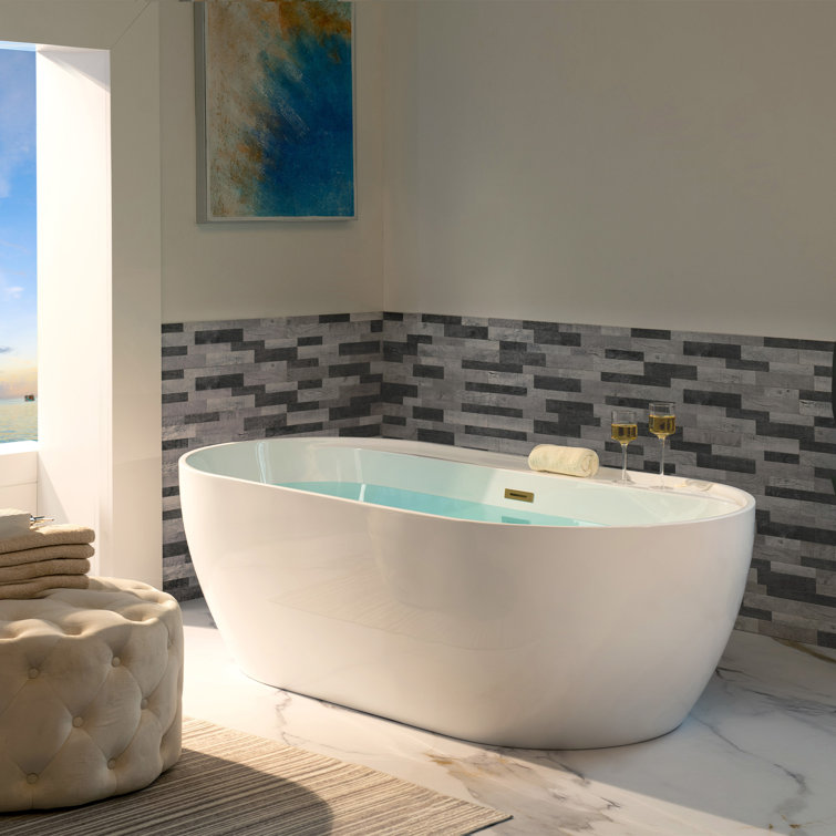67" White Acrylic Freestanding Soaking Bathtub with Brushed Gold Trim