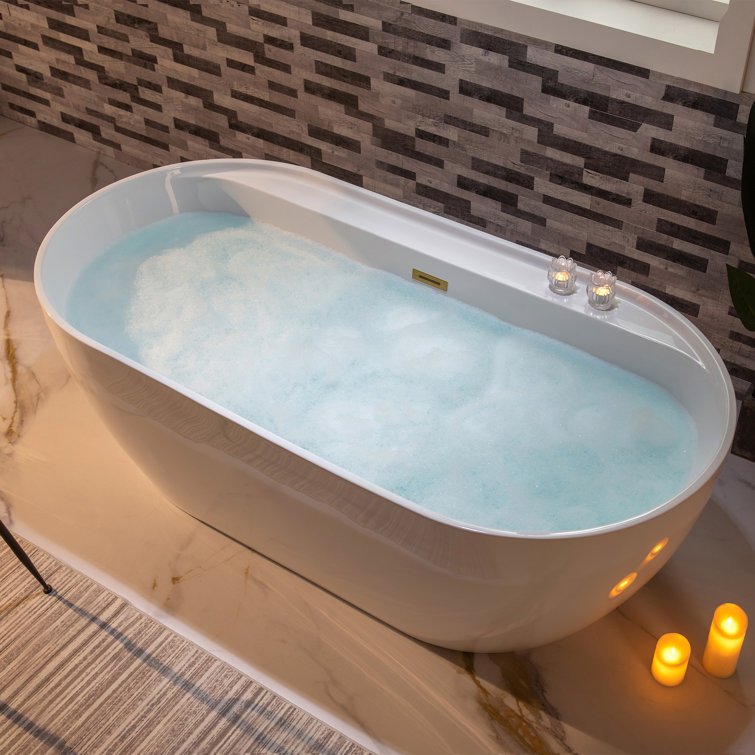 67" White Acrylic Freestanding Soaking Bathtub with Brushed Gold Trim