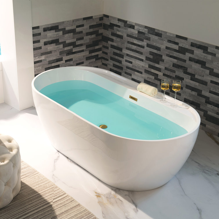 67" White Acrylic Freestanding Soaking Bathtub with Brushed Gold Trim