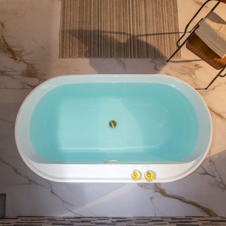 67" White Acrylic Freestanding Soaking Bathtub with Brushed Gold Trim