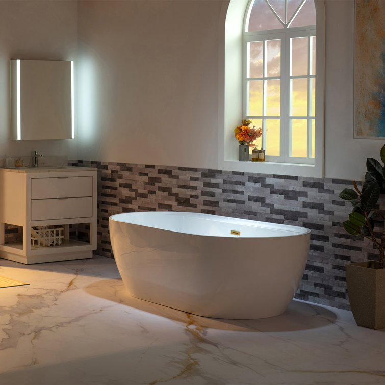 67" White Acrylic Freestanding Soaking Bathtub with Brushed Gold Trim