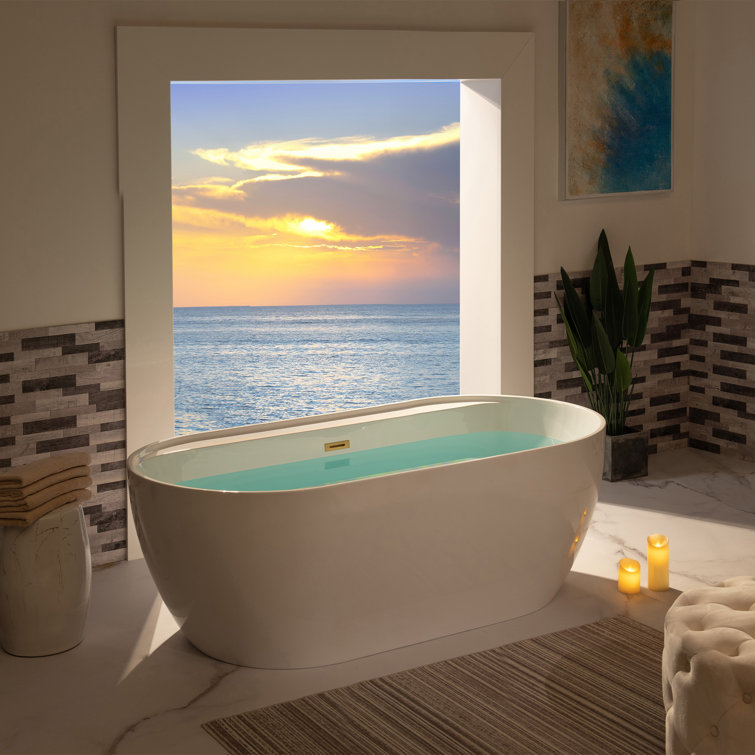 67" White Acrylic Freestanding Soaking Bathtub with Brushed Gold Trim