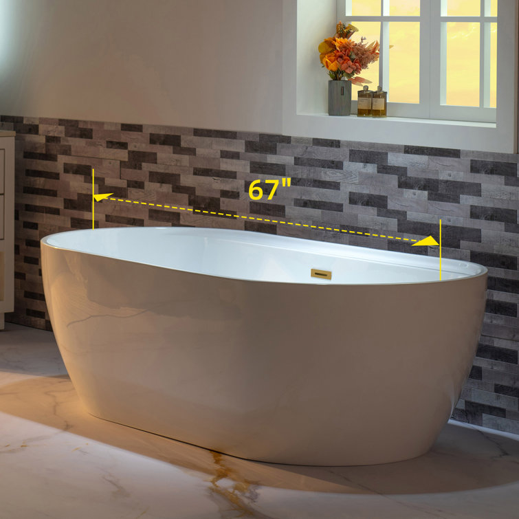 67" White Acrylic Freestanding Soaking Bathtub with Brushed Gold Trim