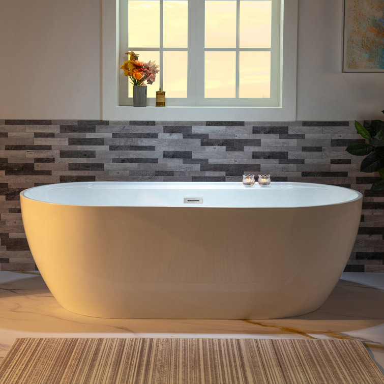 67'' White Acrylic Freestanding Soaking Bathtub with Chrome Drain