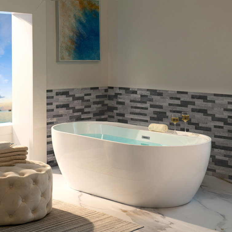 67'' White Acrylic Freestanding Soaking Bathtub with Chrome Drain