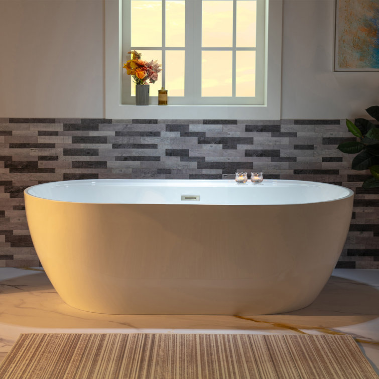 59" White Acrylic Freestanding Soaking Bathtub with Brushed Nickel Trim