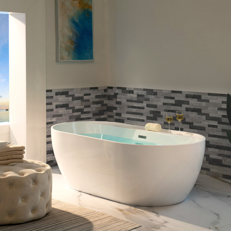 59" White Acrylic Freestanding Soaking Bathtub with Brushed Nickel Trim