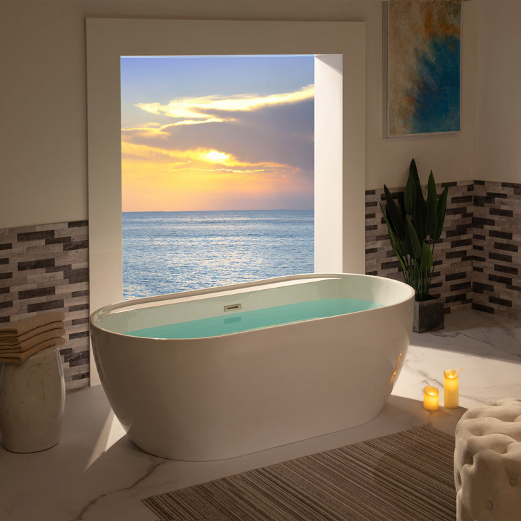 59" White Acrylic Freestanding Soaking Bathtub with Brushed Nickel Trim