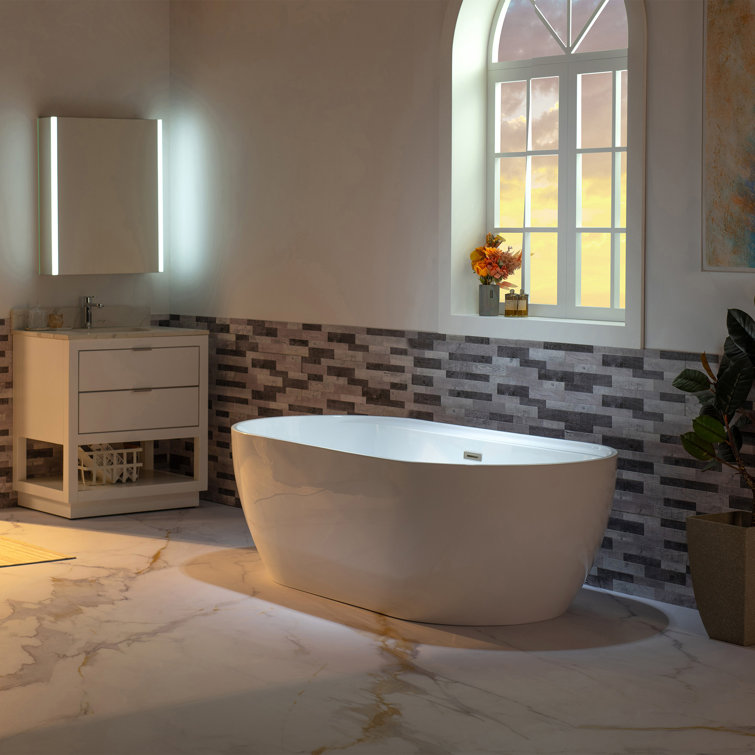 59" White Acrylic Freestanding Soaking Bathtub with Brushed Nickel Trim