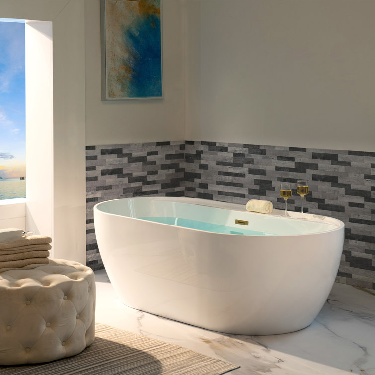 59" White Acrylic Freestanding Soaking Bathtub with Brushed Gold Trim