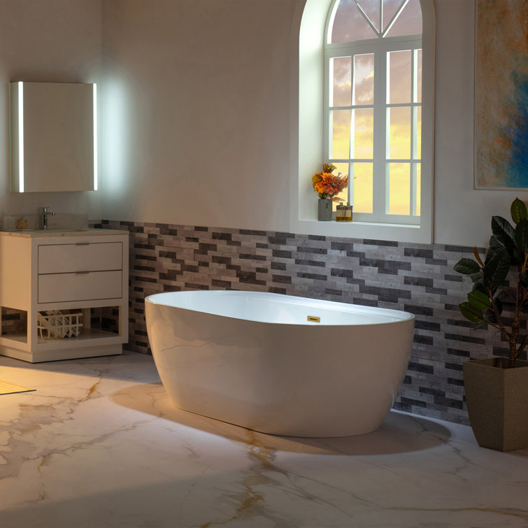 59" White Acrylic Freestanding Soaking Bathtub with Brushed Gold Trim
