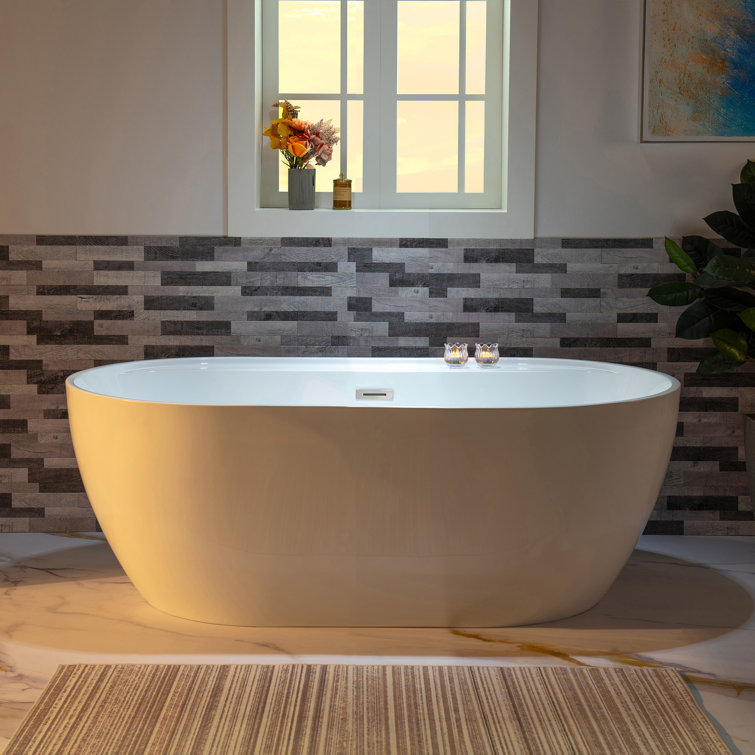 59'' White Freestanding Oval Acrylic Soaking Bathtub
