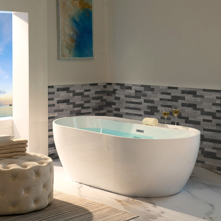 59'' White Freestanding Oval Acrylic Soaking Bathtub