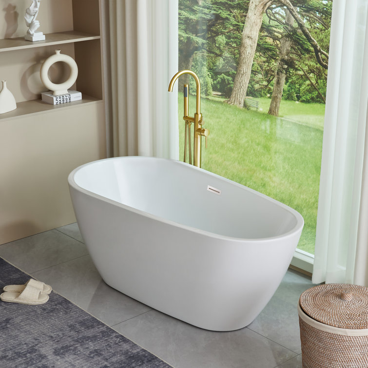 White and Titanium Gold Acrylic Freestanding Soaking Bathtub