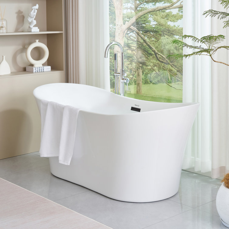 67" White Acrylic Freestanding Soaking Bathtub with Matte Black Trim