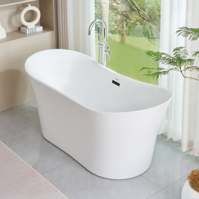 67" White Acrylic Freestanding Soaking Bathtub with Matte Black Trim