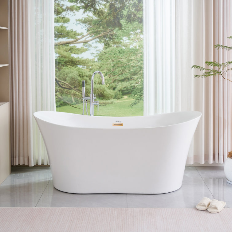 67" White Acrylic Freestanding Soaking Bathtub with Gold Trim