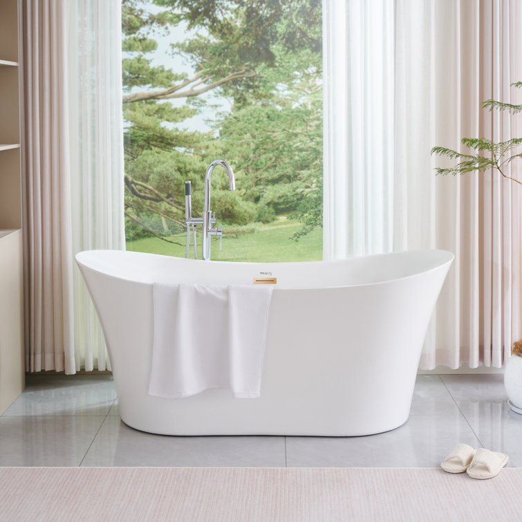 67" White Acrylic Freestanding Soaking Bathtub with Gold Trim