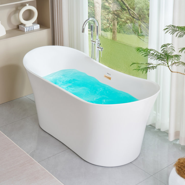67" White Acrylic Freestanding Soaking Bathtub with Gold Trim