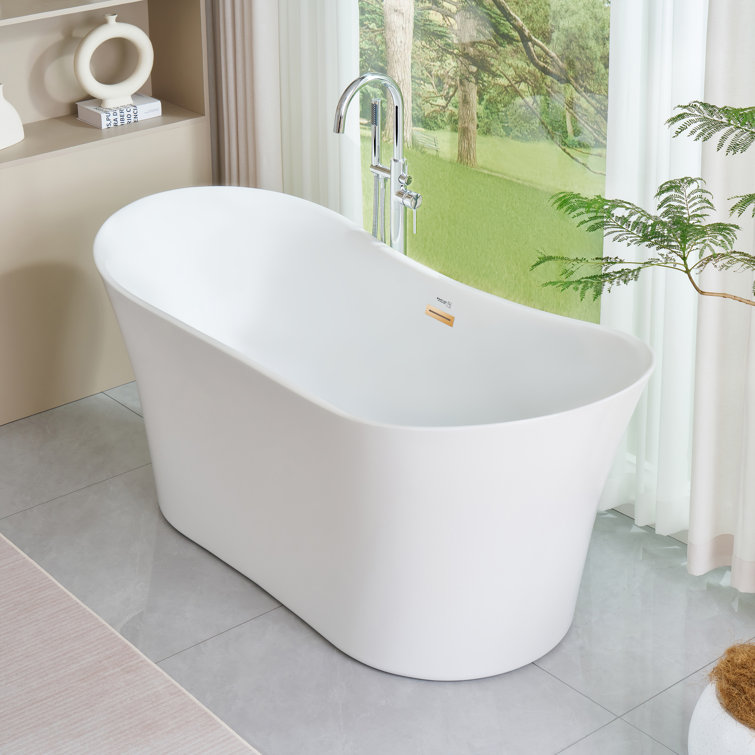 67" White Acrylic Freestanding Soaking Bathtub with Gold Trim