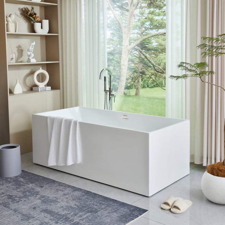 67'' White Acrylic Freestanding Soaking Bathtub with Oil Rubbed Bronze Trim