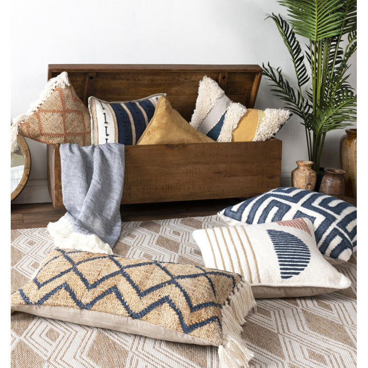 Jay Blue and Beige Cotton Blend 20'' Throw Pillow