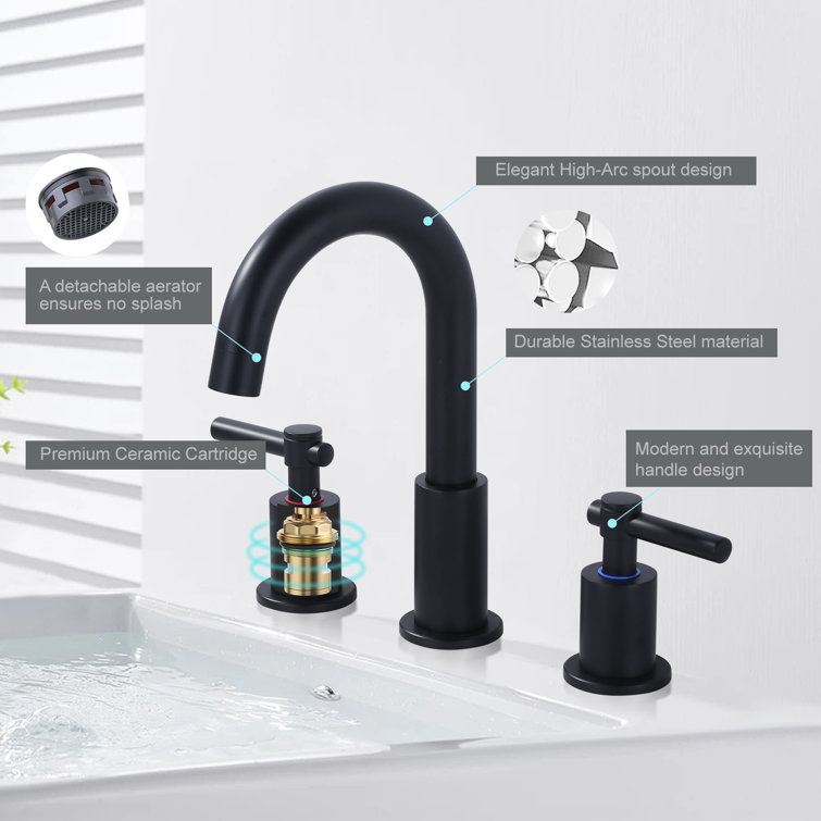 Matte Black Stainless Steel Widespread Bathroom Faucet with Pop-Up Drain