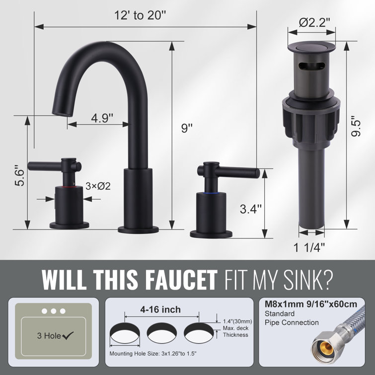 Matte Black Stainless Steel Widespread Bathroom Faucet with Pop-Up Drain