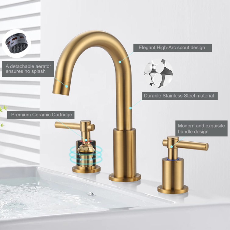 Brushed Gold Stainless Steel Double Handle Widespread Bathroom Faucet