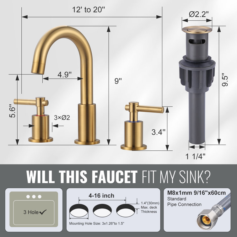 Brushed Gold Stainless Steel Double Handle Widespread Bathroom Faucet