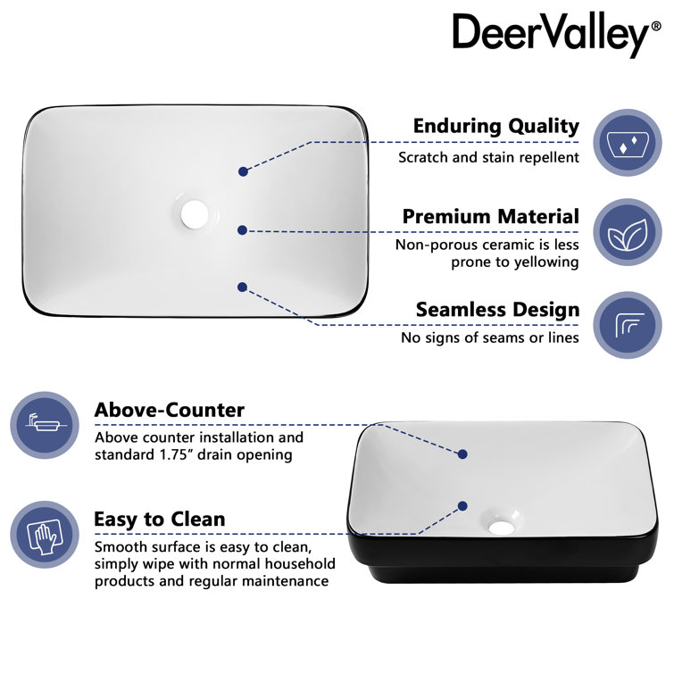 DeerValley Ally 19'' x 12'' Drop-In Bathroom Sink Semi-Recessed Vessel Sink Rectangular Above Counter Basin