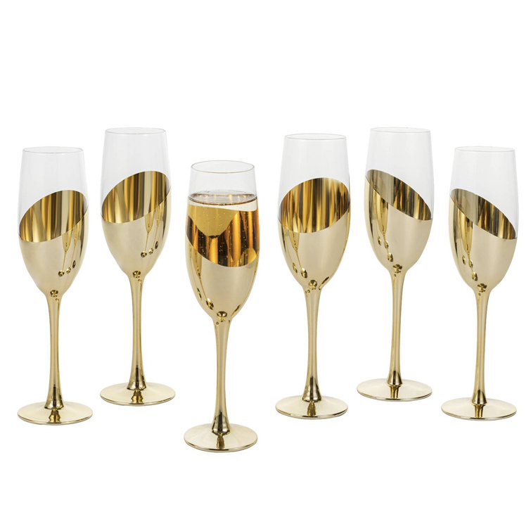 6 Piece Gold and Clear Glass Champagne Flutes Set