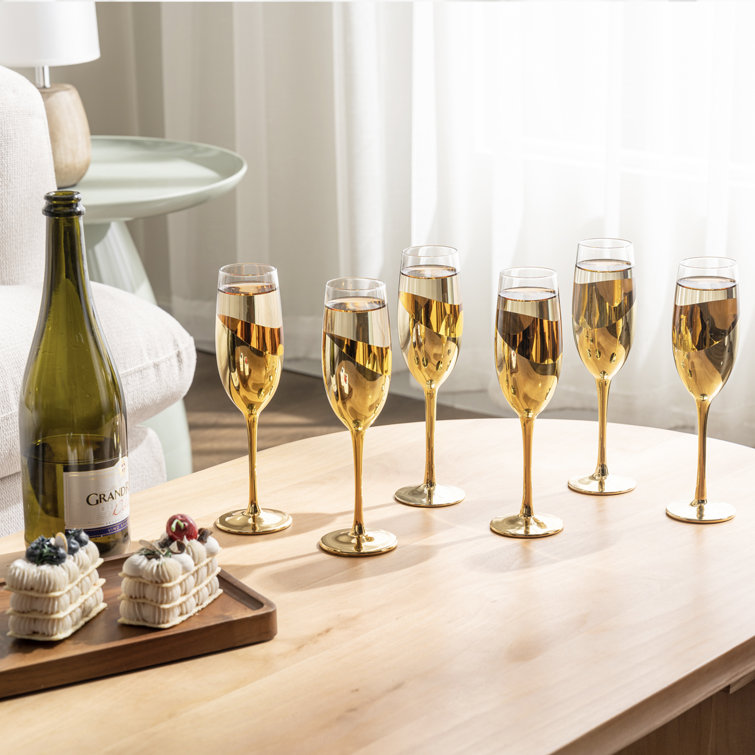 6 Piece Gold and Clear Glass Champagne Flutes Set
