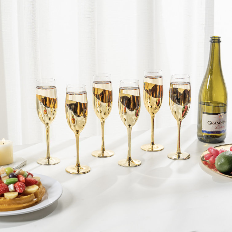 6 Piece Gold and Clear Glass Champagne Flutes Set